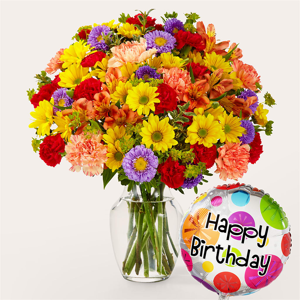 Kaleidoscope Bouquet with Birthday Balloon – MARIE'S FLOWER & GIFT SHOPPE INC, Moultrie GA