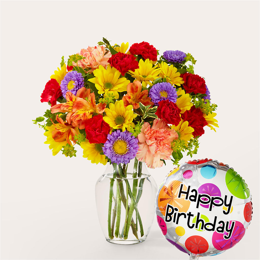 Kaleidoscope Bouquet with Birthday Balloon – MARIE'S FLOWER & GIFT SHOPPE INC, Moultrie GA