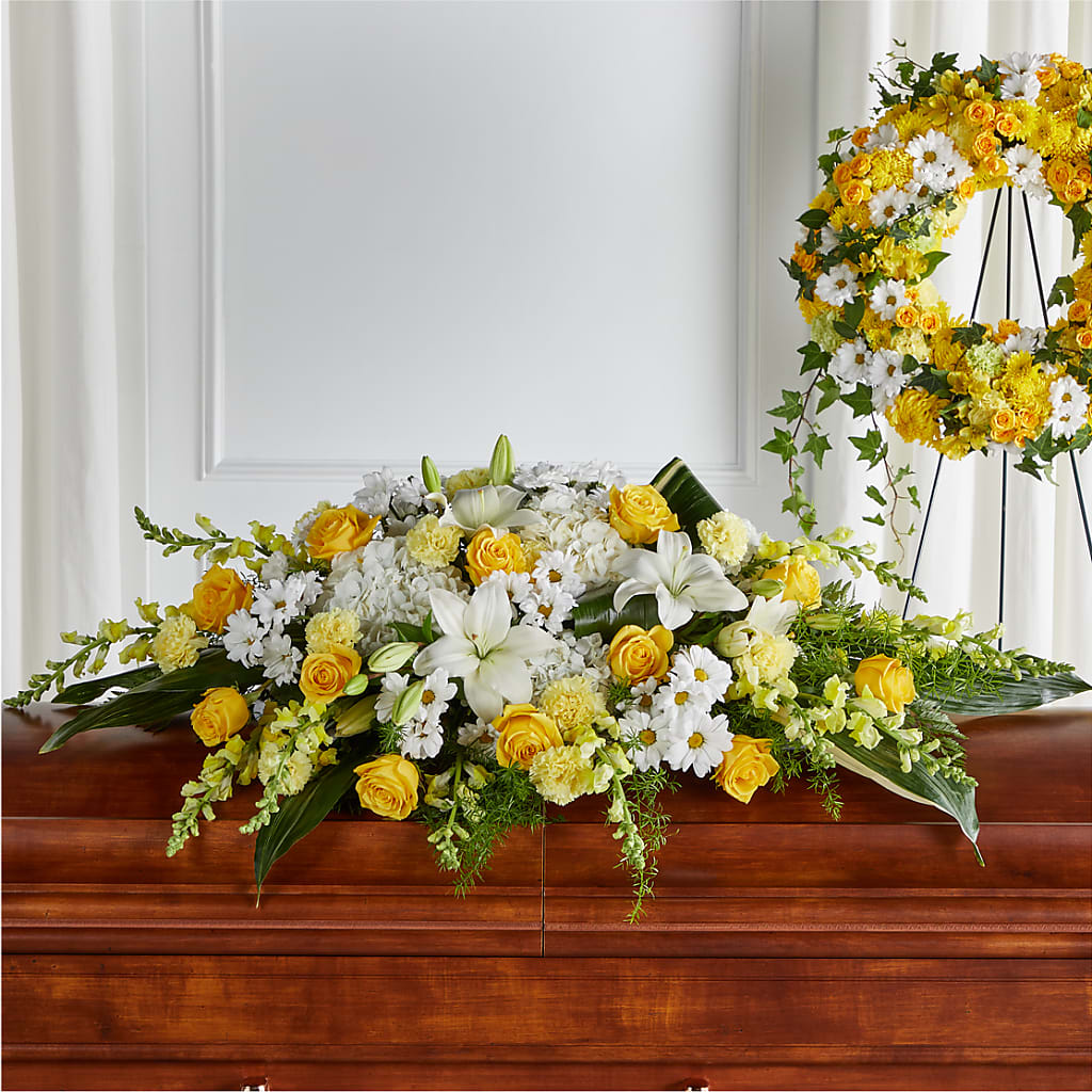 Golden Harmony Casket Spray – MARIE'S FLOWER & GIFT SHOPPE INC, Moultrie GA