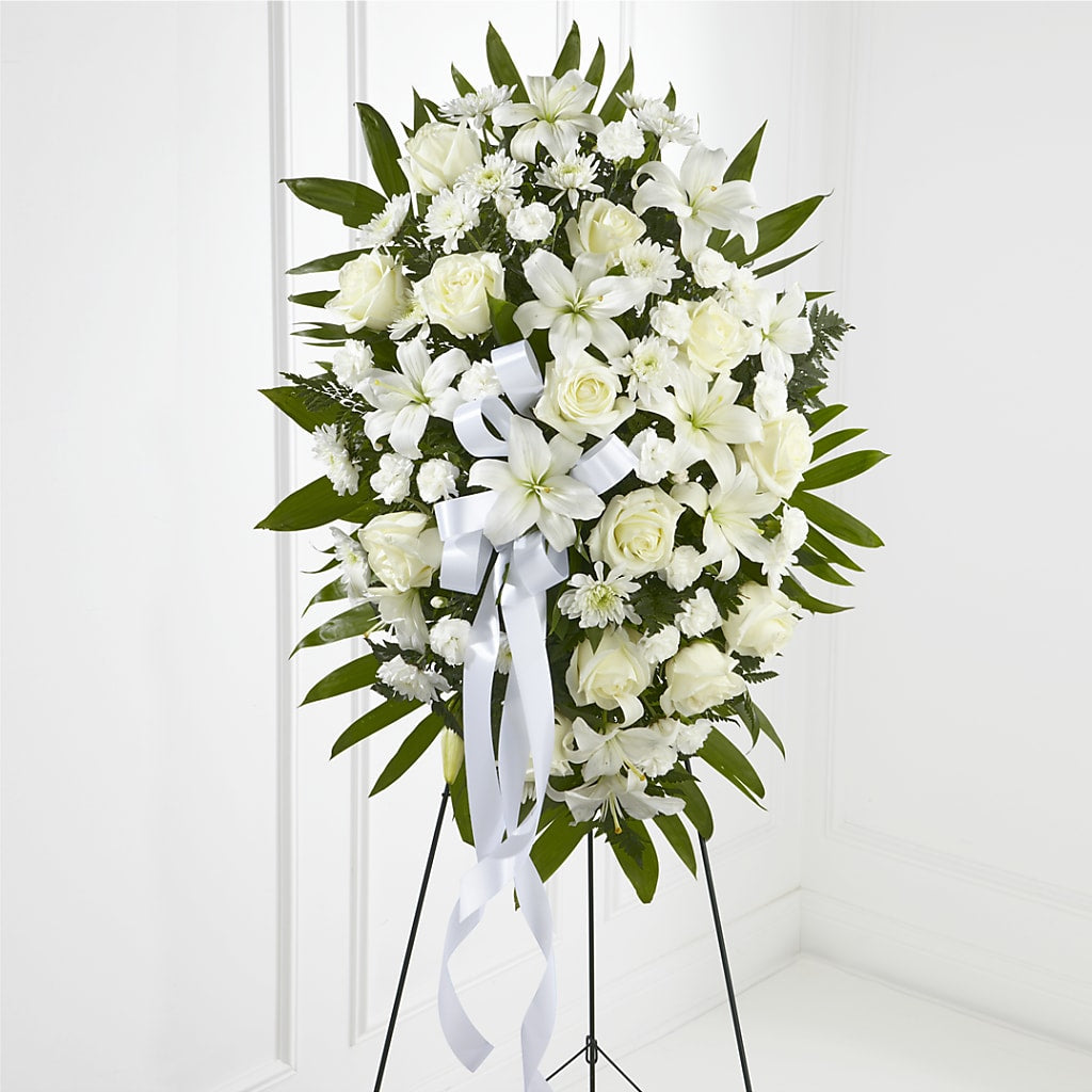 Exquisite Tribute Standing Spray-White Ribbon – MARIE'S FLOWER & GIFT SHOPPE INC, Moultrie GA